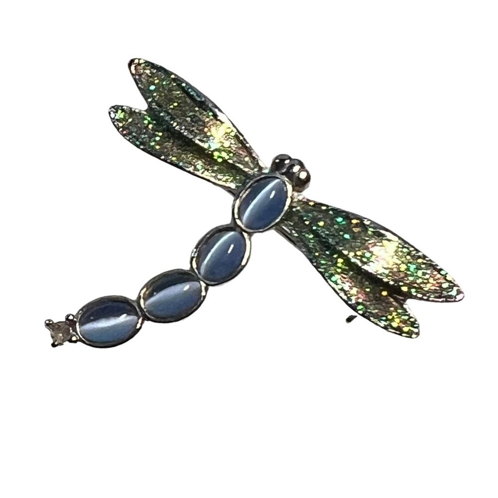 Vintage Dragonfly Brooch Green Glitter and Faux Blue Tiger Eye‎ Pin